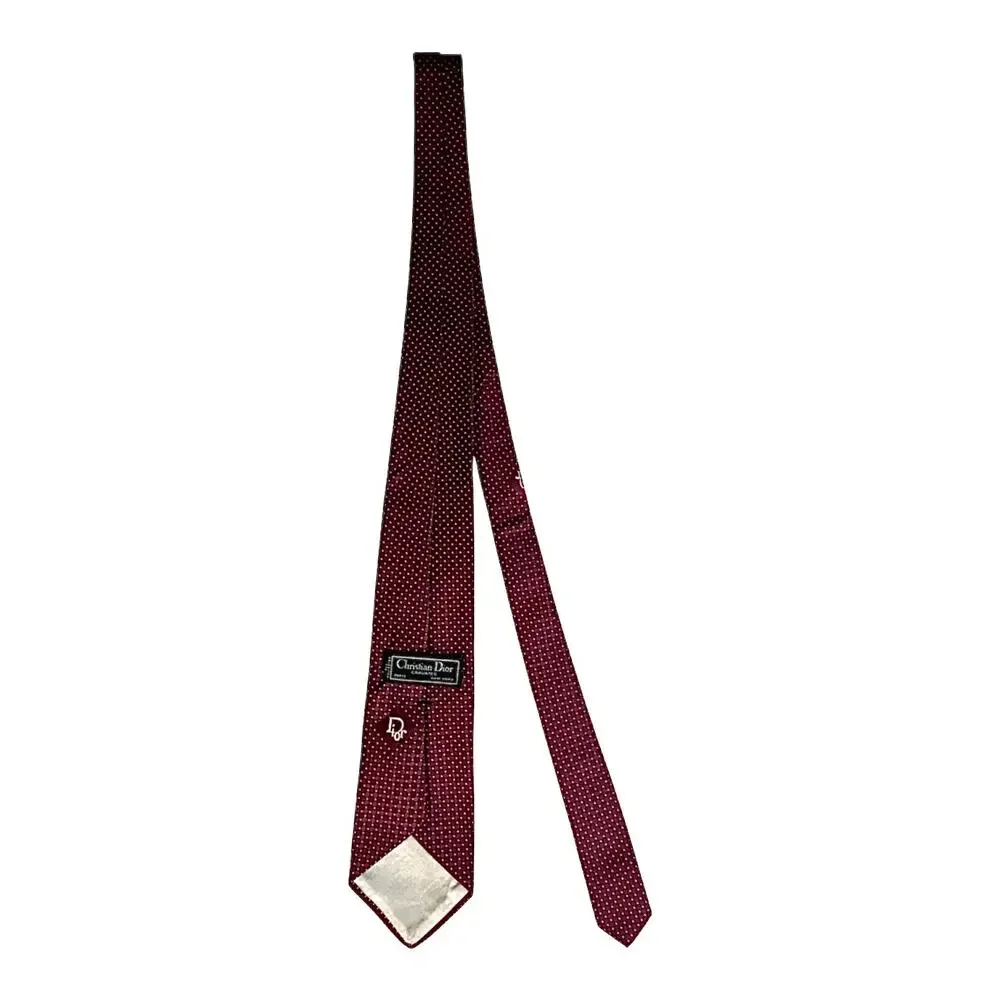 CHRISTIAN DIOR MENS NECKTIE BURGUNDY DOT PATTERN JACQUARD WEAVE “DIOR” LOGO - Picture 5 of 5